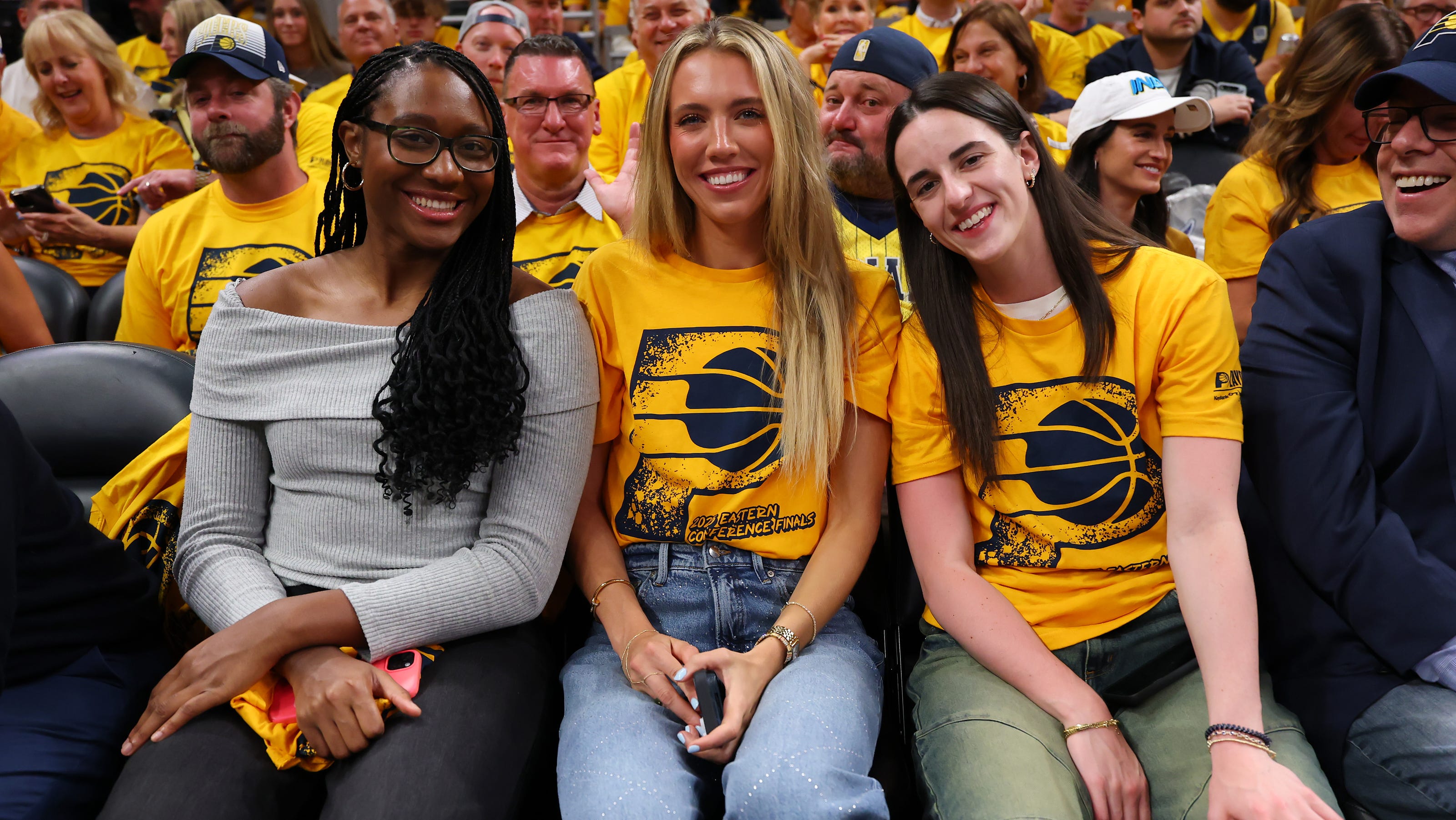 Celebs At Pacers-Knicks Game 6: Caitlin Clark & Pat McAfee